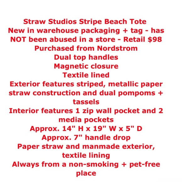 Straw Studios Stripe Pool Tote Beach Bag Colorful PomPoms Tassels Colorful NWT - Picture 2 of 7